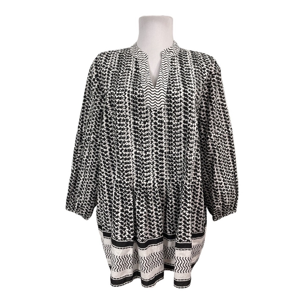 Style & Co. Women's PL Petite Large Tunic Blouse Black White 100% Cotton V-Neck
